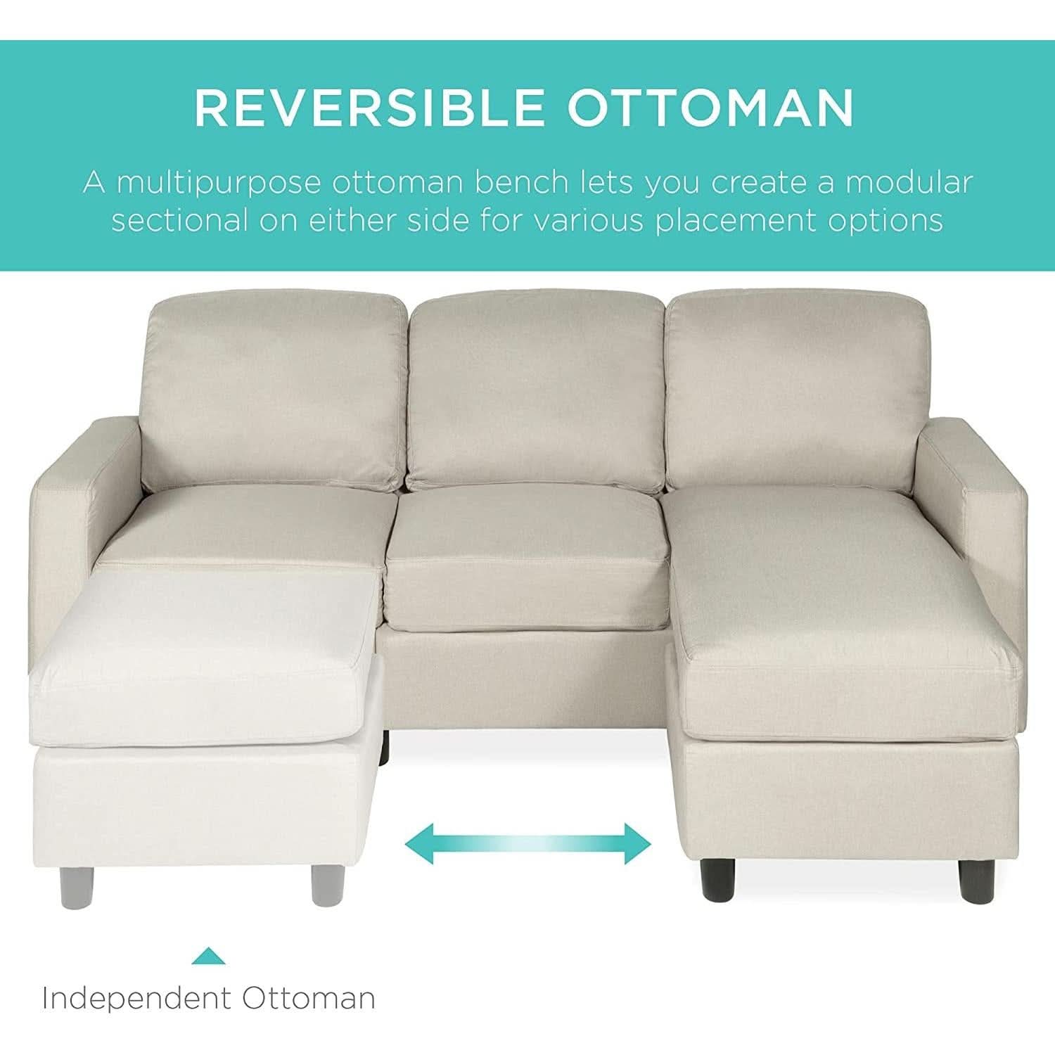 Compact Beige Linen Sectional Sofa With Chaise And Reversible Ottoman