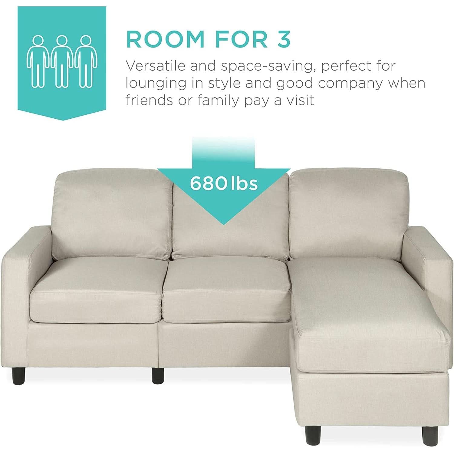 Compact Beige Linen Sectional Sofa With Chaise And Reversible Ottoman