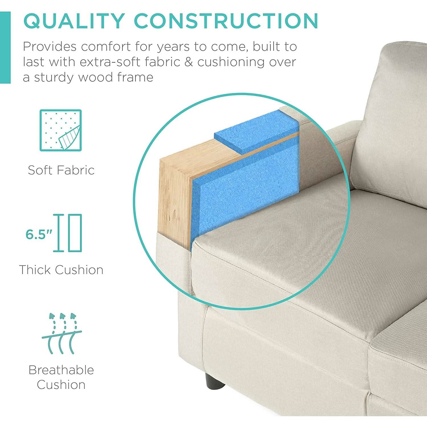 Compact Beige Linen Sectional Sofa With Chaise And Reversible Ottoman