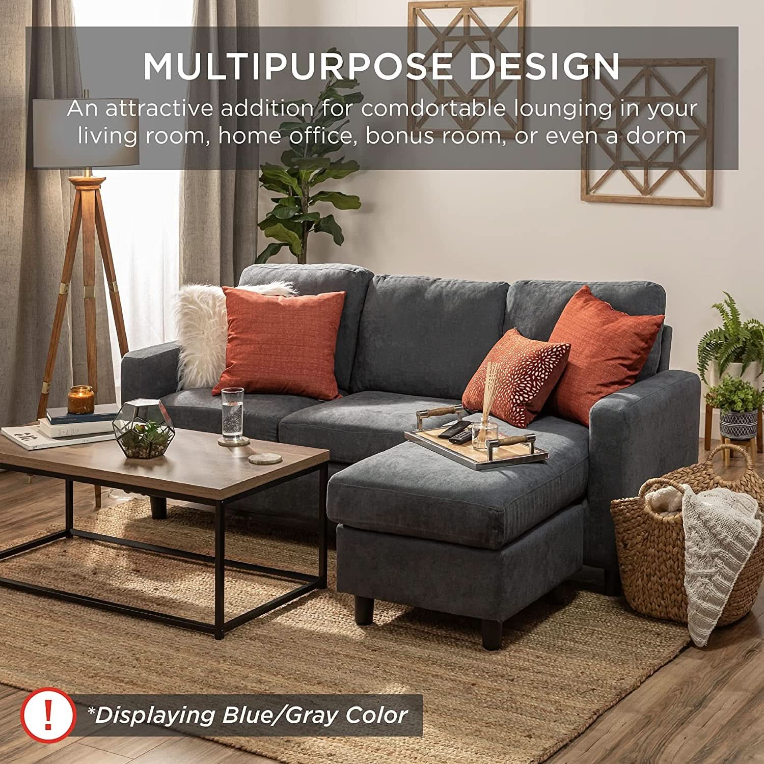 Compact Beige Linen Sectional Sofa With Chaise And Reversible Ottoman