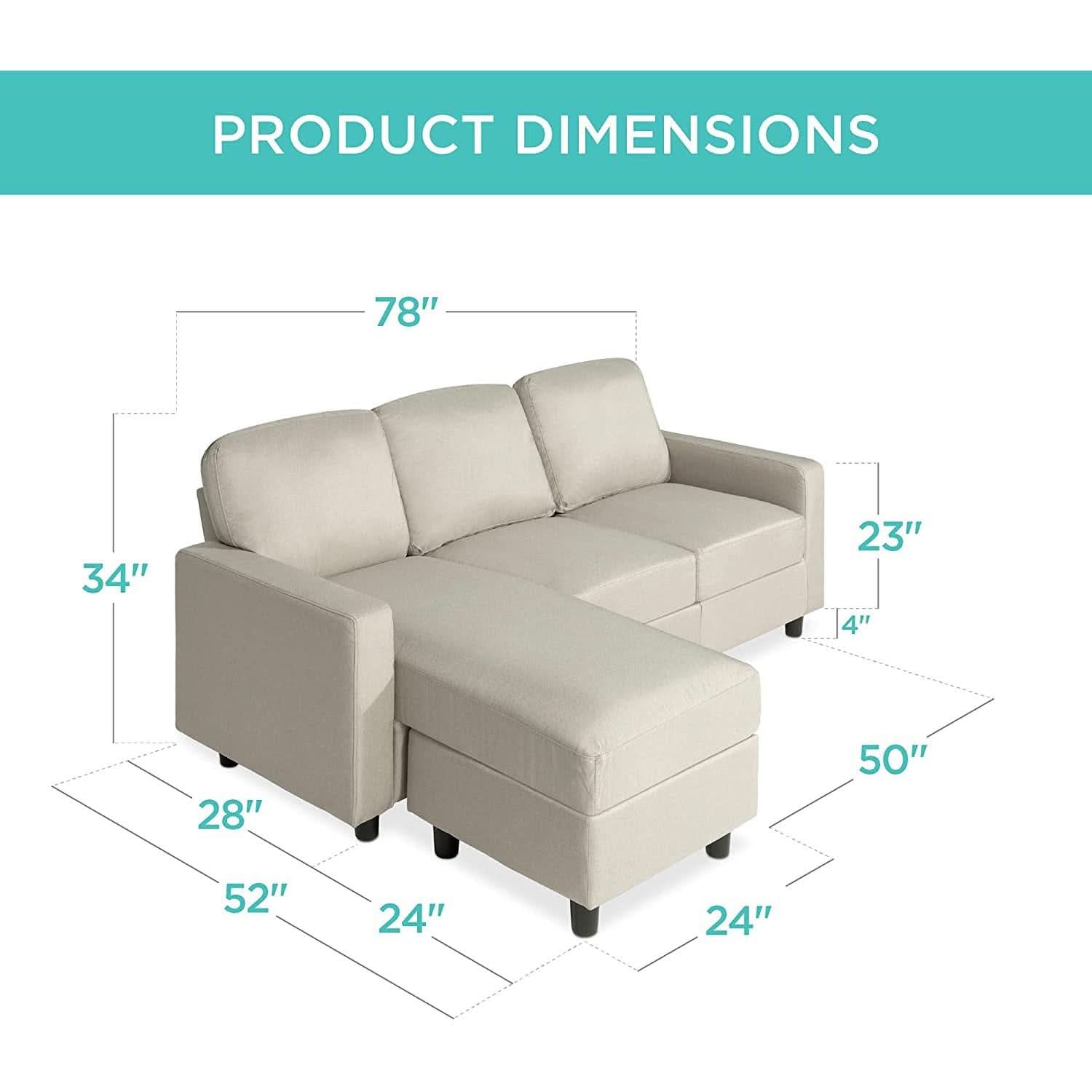 Compact Beige Linen Sectional Sofa With Chaise And Reversible Ottoman