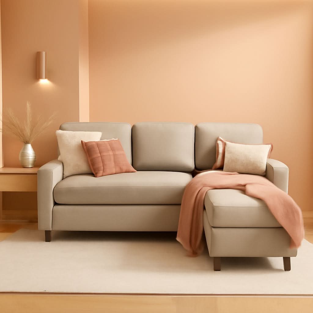 Compact Beige Linen Sectional Sofa With Chaise And Reversible Ottoman