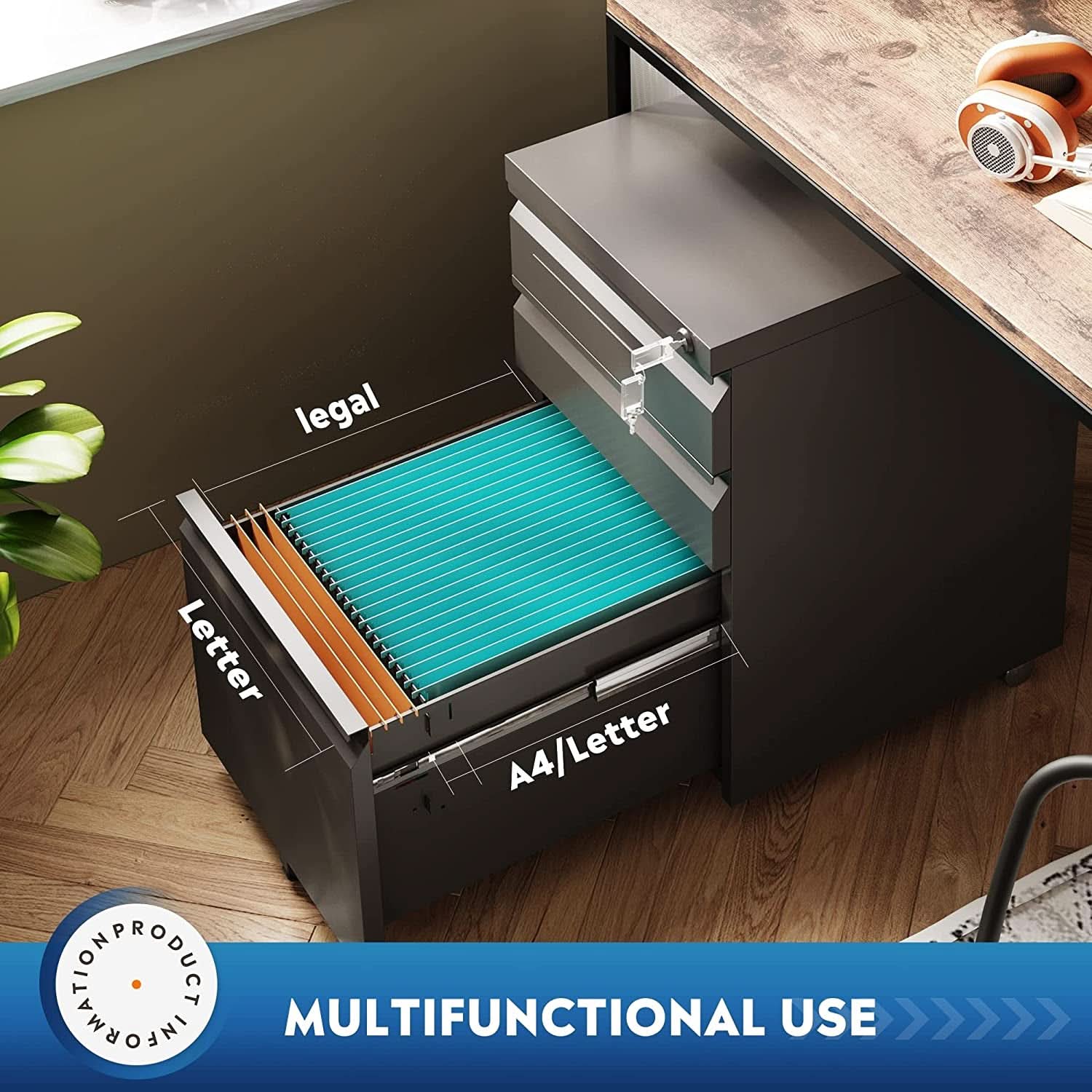 Compact Black Mobile Filing Cabinet Lockable With Drawers