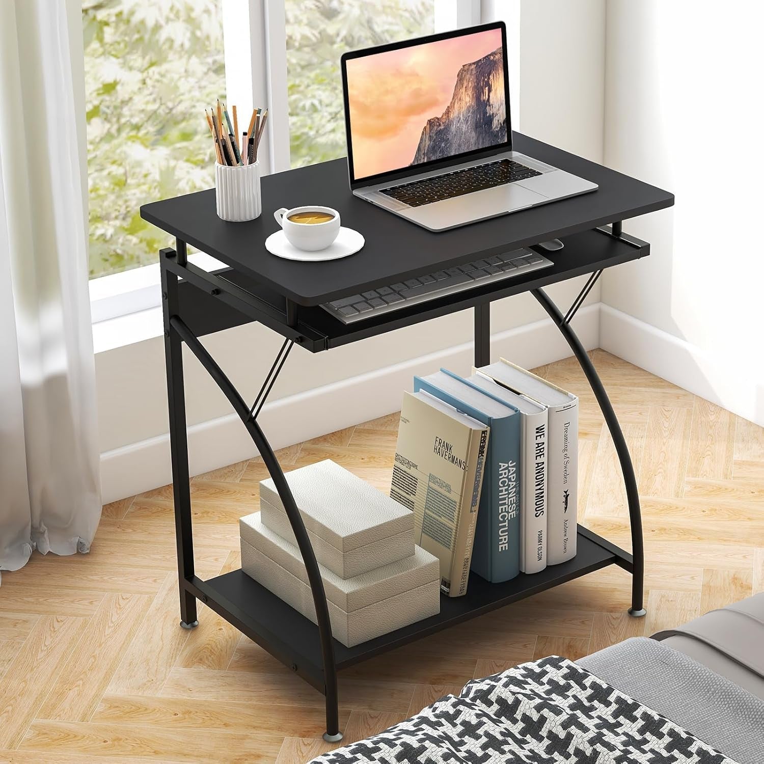 Compact Computer Desk with Keyboard Tray for Small Spaces