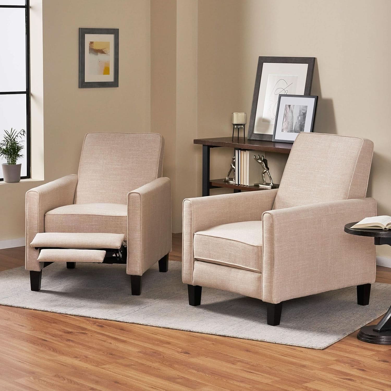 Compact Fabric Recliner Set Of 2 In Beige And Dark Brown