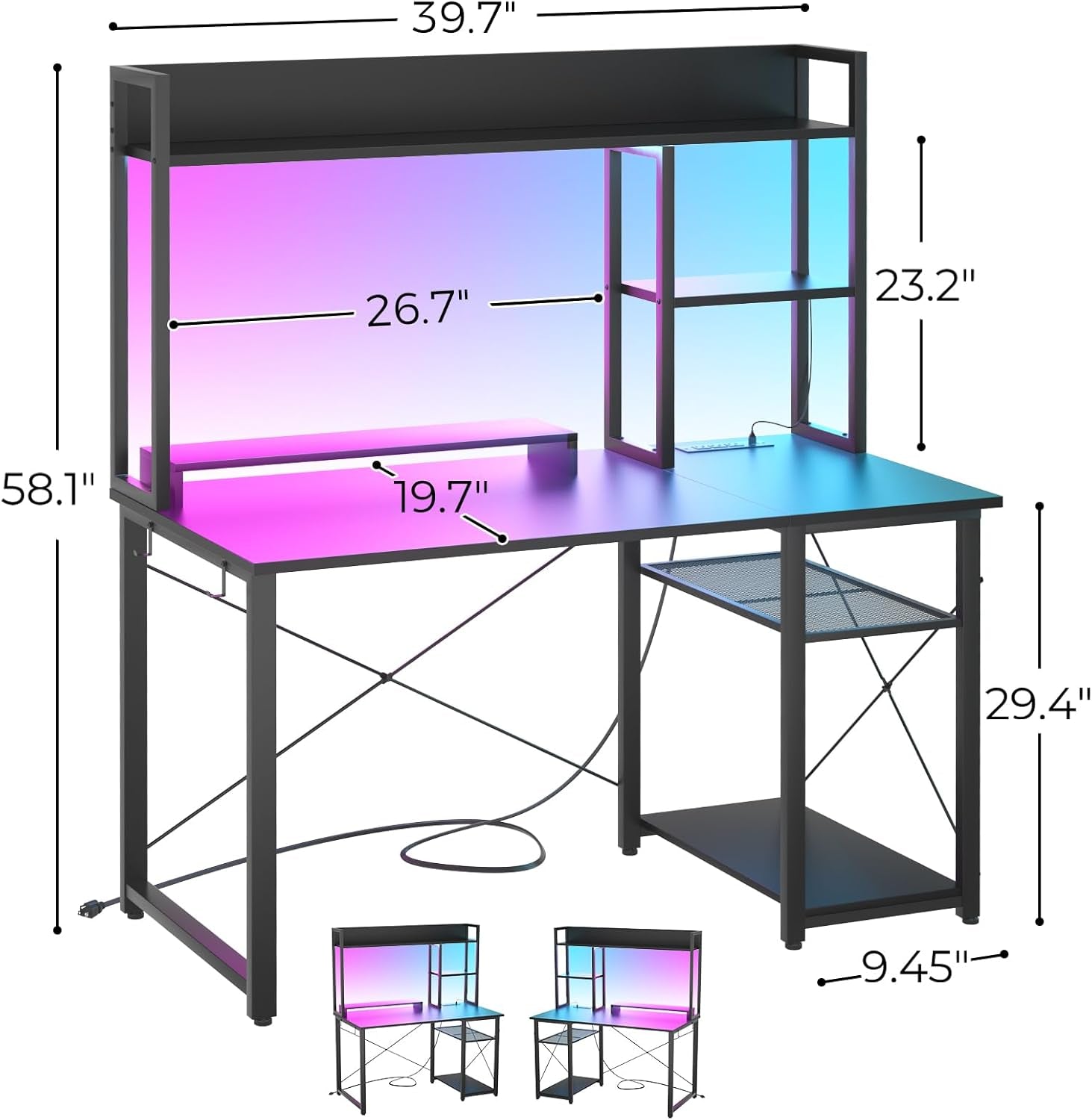 Compact Gaming Desk with LED Lights and Storage Shelves