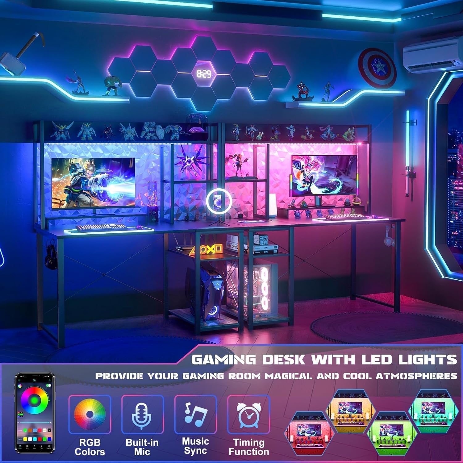 Compact Gaming Desk with LED Lights and Storage Shelves