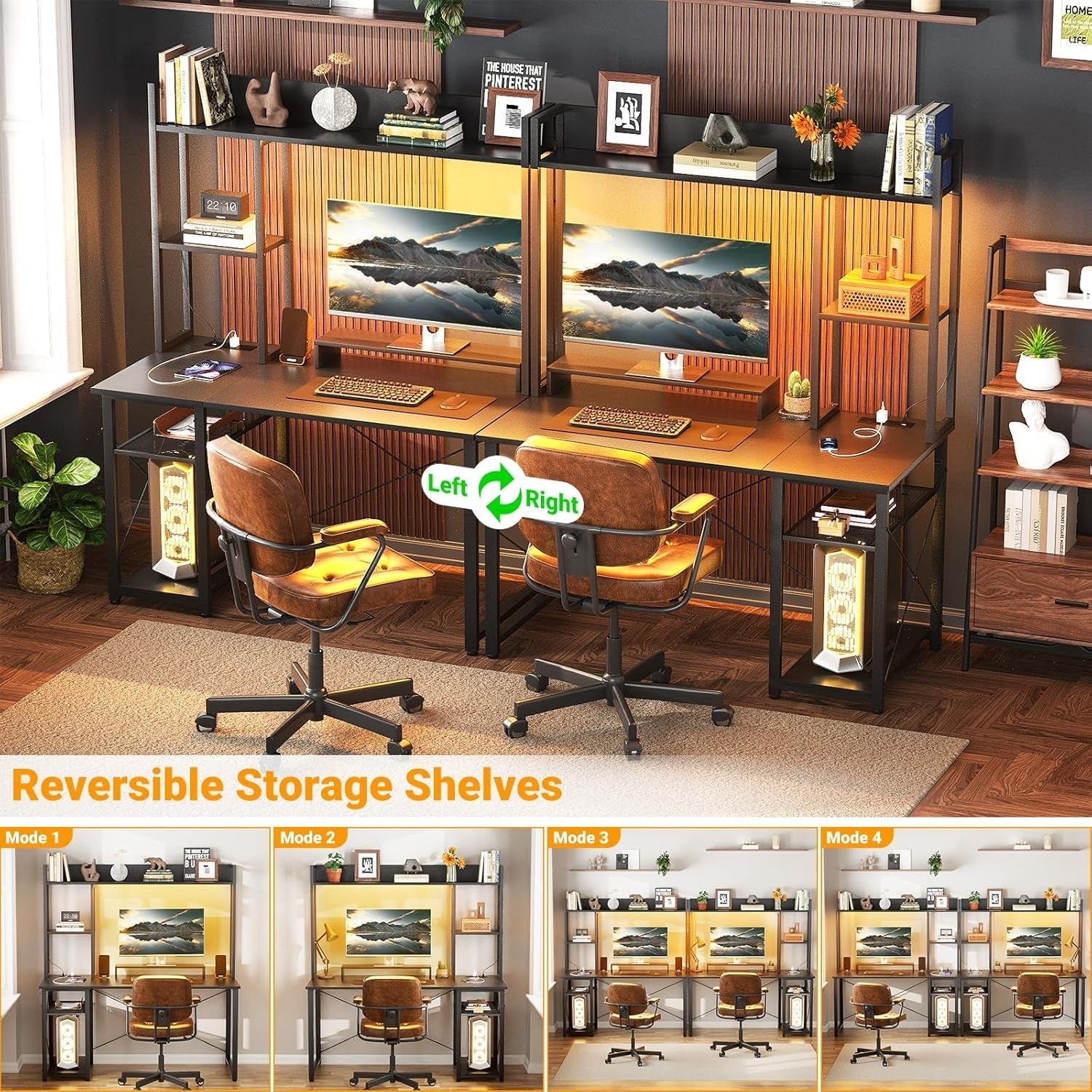 Compact Gaming Desk with LED Lights and Storage Shelves