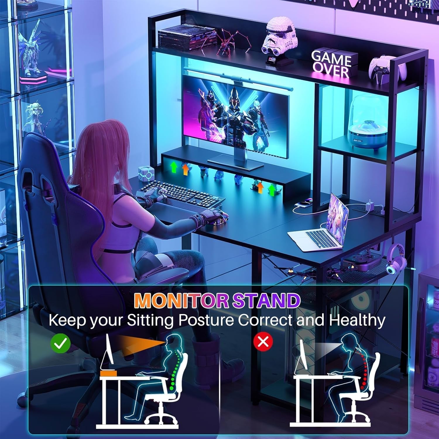 Compact Gaming Desk with LED Lights and Storage Shelves