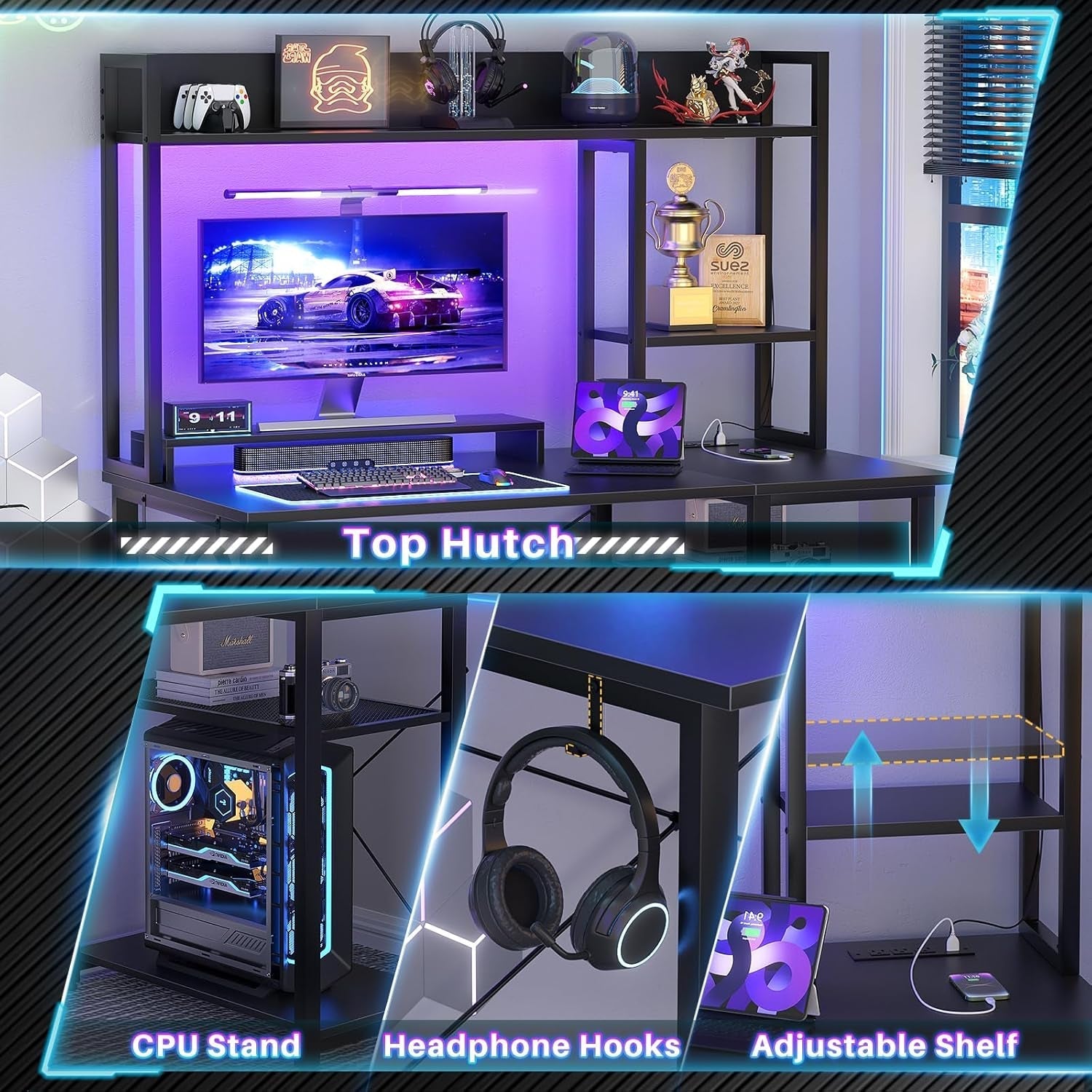 Compact Gaming Desk with LED Lights and Storage Shelves