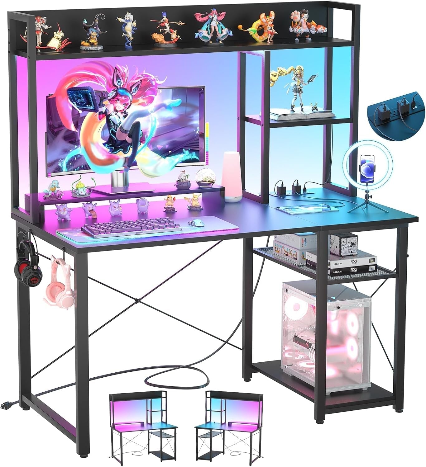 Compact Gaming Desk with LED Lights and Storage Shelves