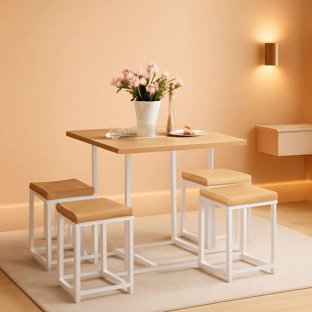 Compact Kitchen Table And Chairs Set Beige White Five Piece