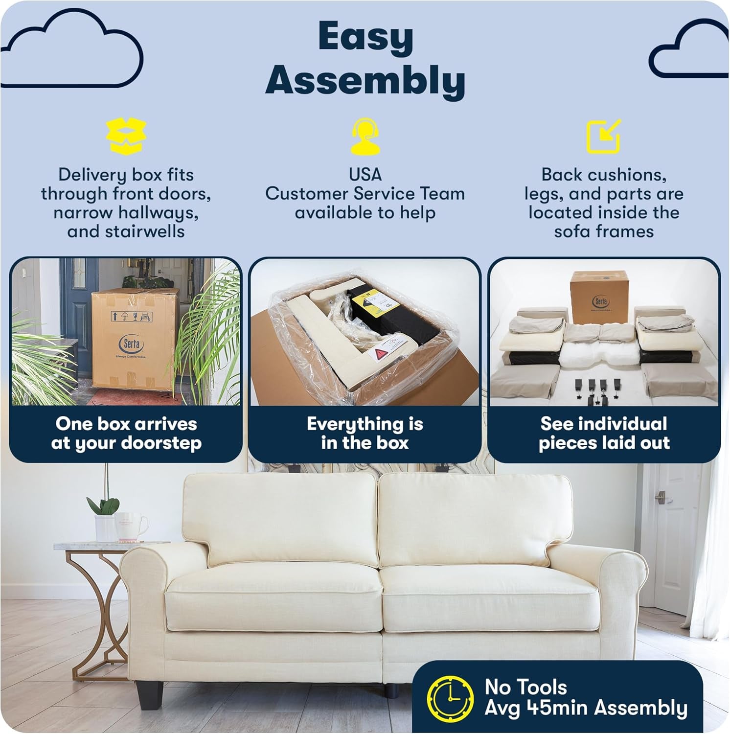Compact Rolled Arm Sofa with Soft Pillow Back