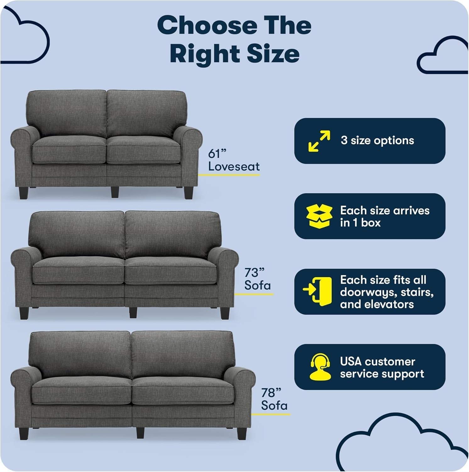 Compact Rolled Arm Sofa with Soft Pillow Back