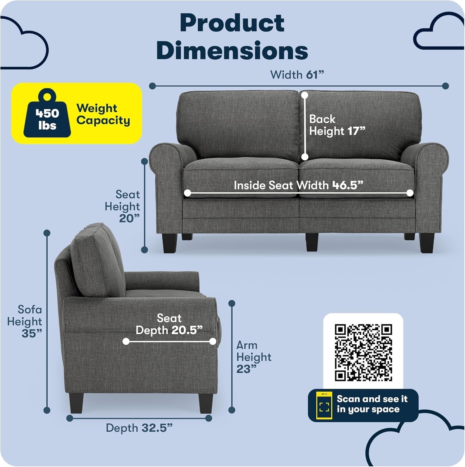 Compact Rolled Arm Sofa with Soft Pillow Back