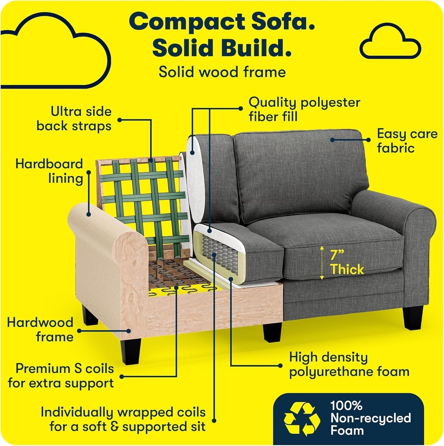 Compact Rolled Arm Sofa with Soft Pillow Back
