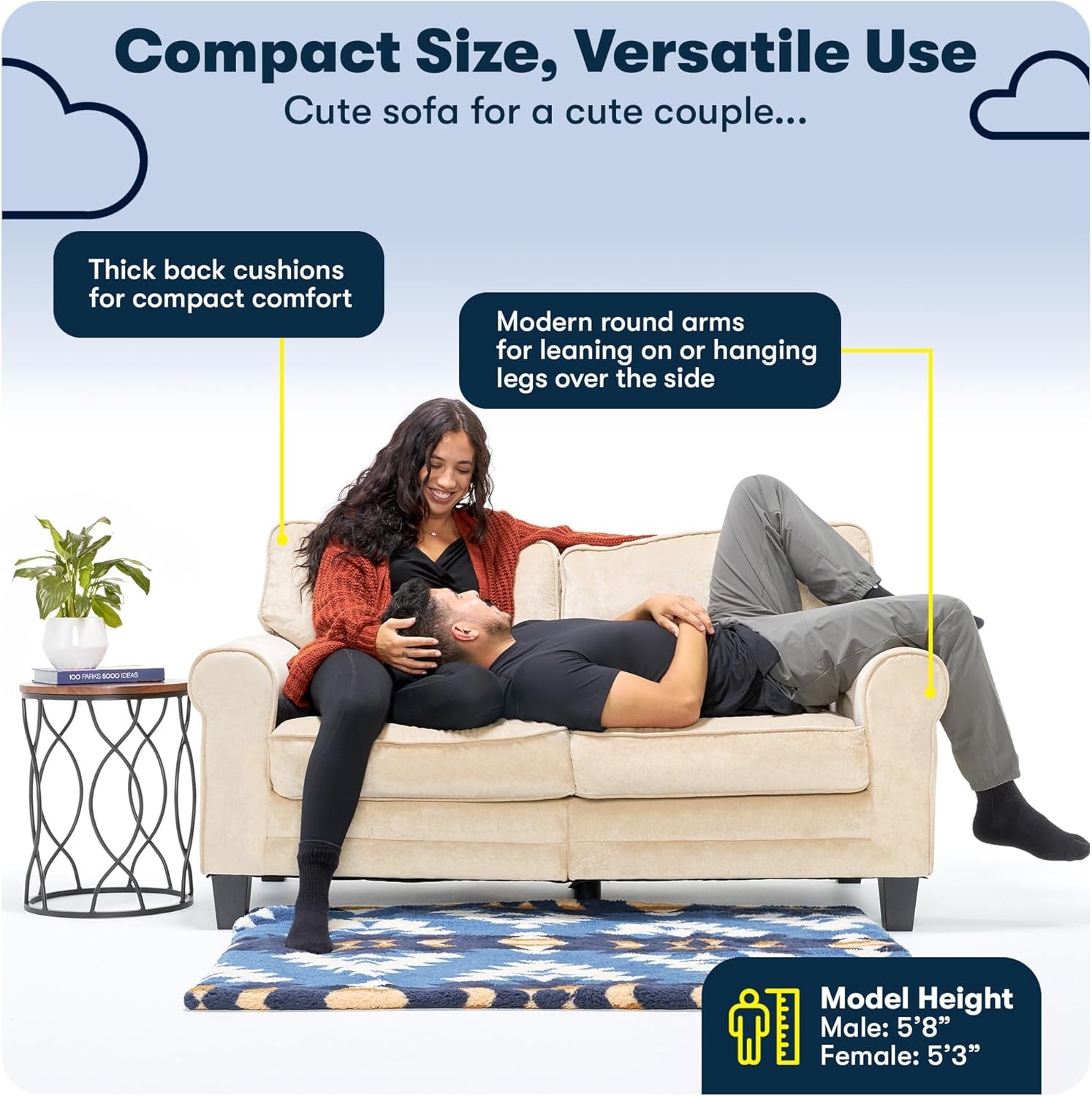 Compact Rolled Arm Sofa with Soft Pillow Back