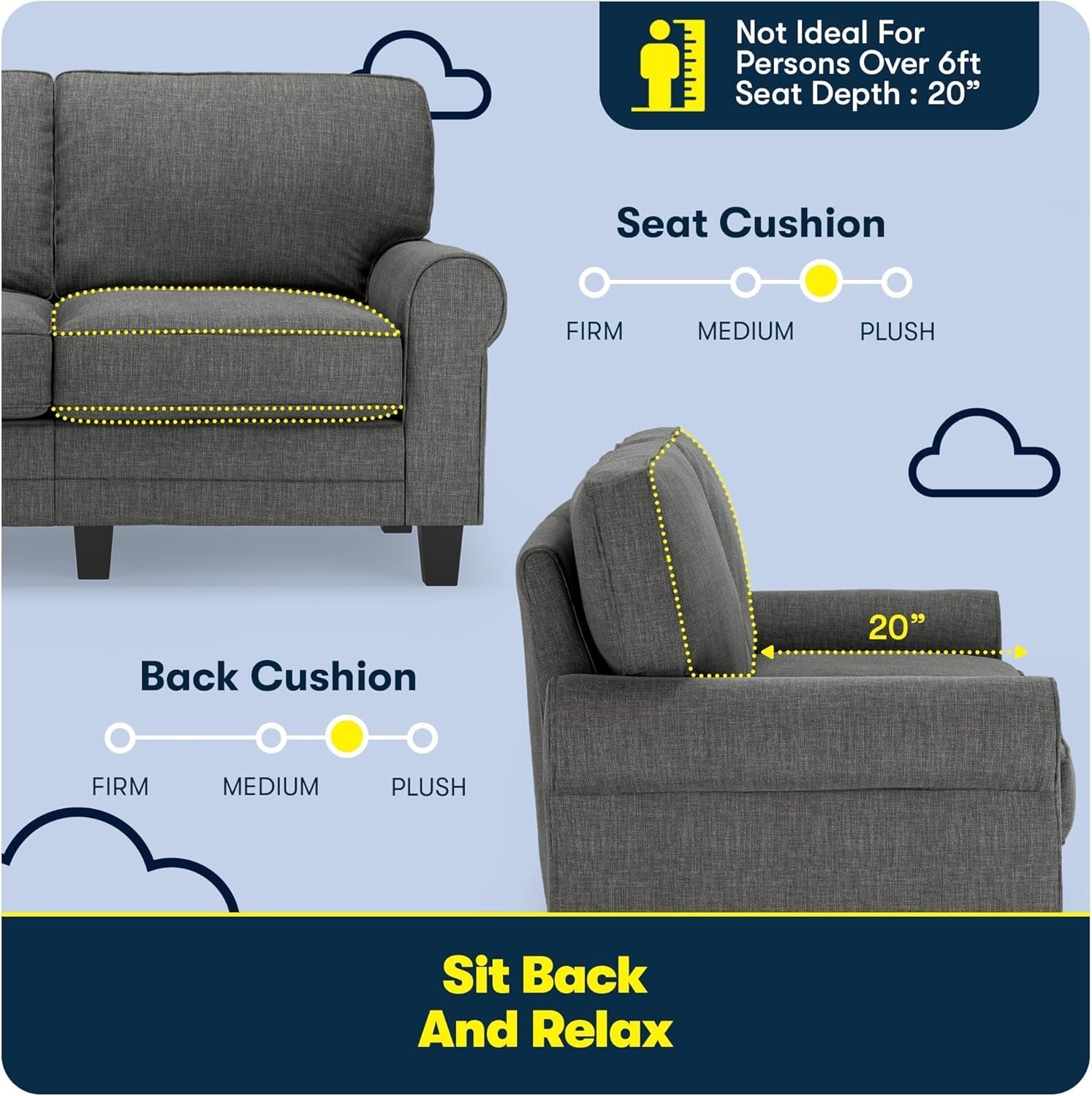 Compact Rolled Arm Sofa with Soft Pillow Back