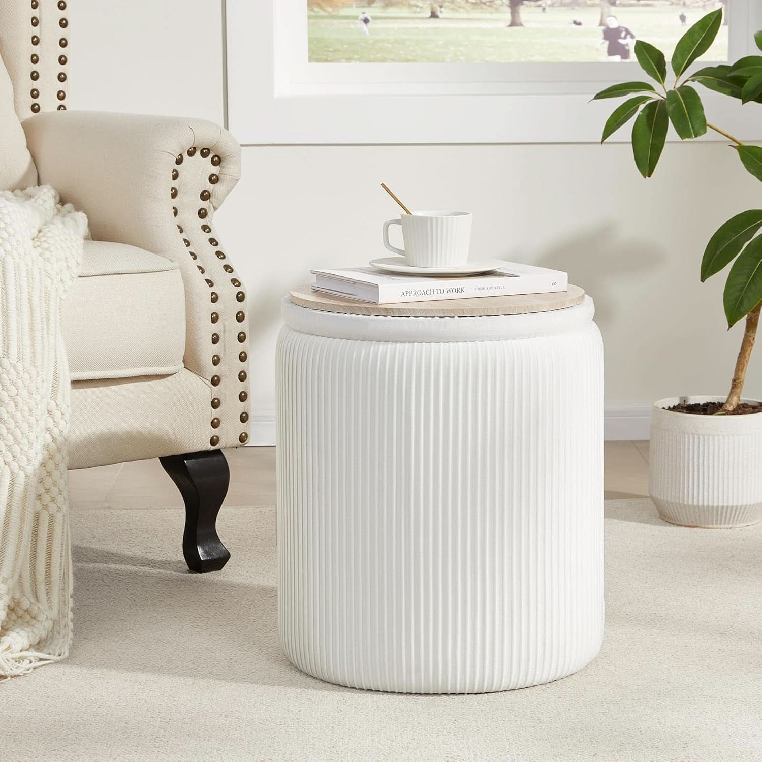 Compact Round Velvet Storage Ottoman TwoPack White