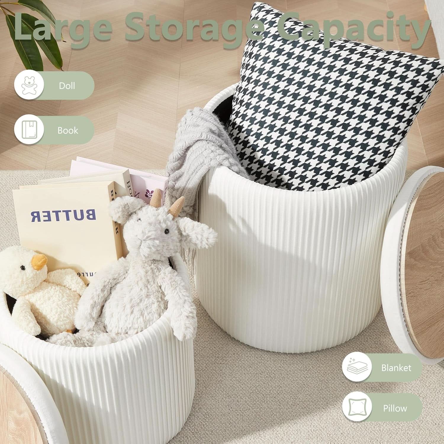 Compact Round Velvet Storage Ottoman TwoPack White