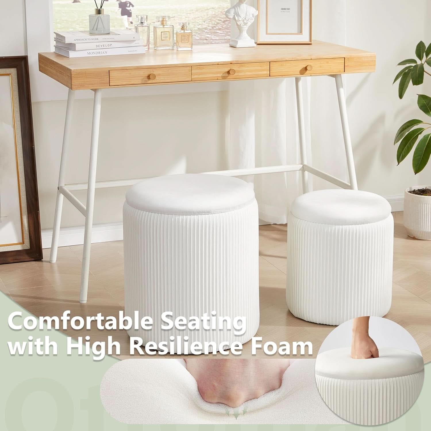 Compact Round Velvet Storage Ottoman TwoPack White