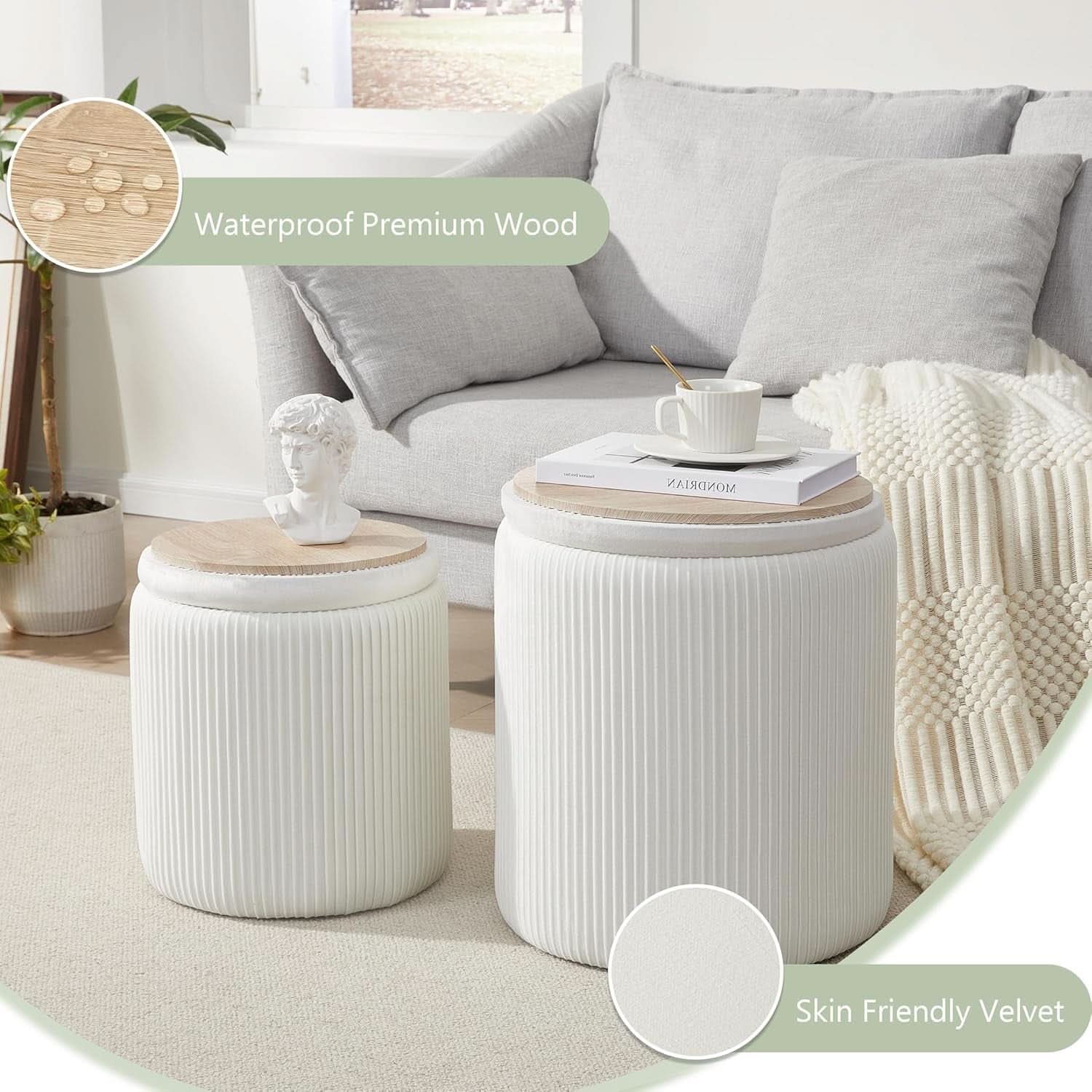 Compact Round Velvet Storage Ottoman TwoPack White