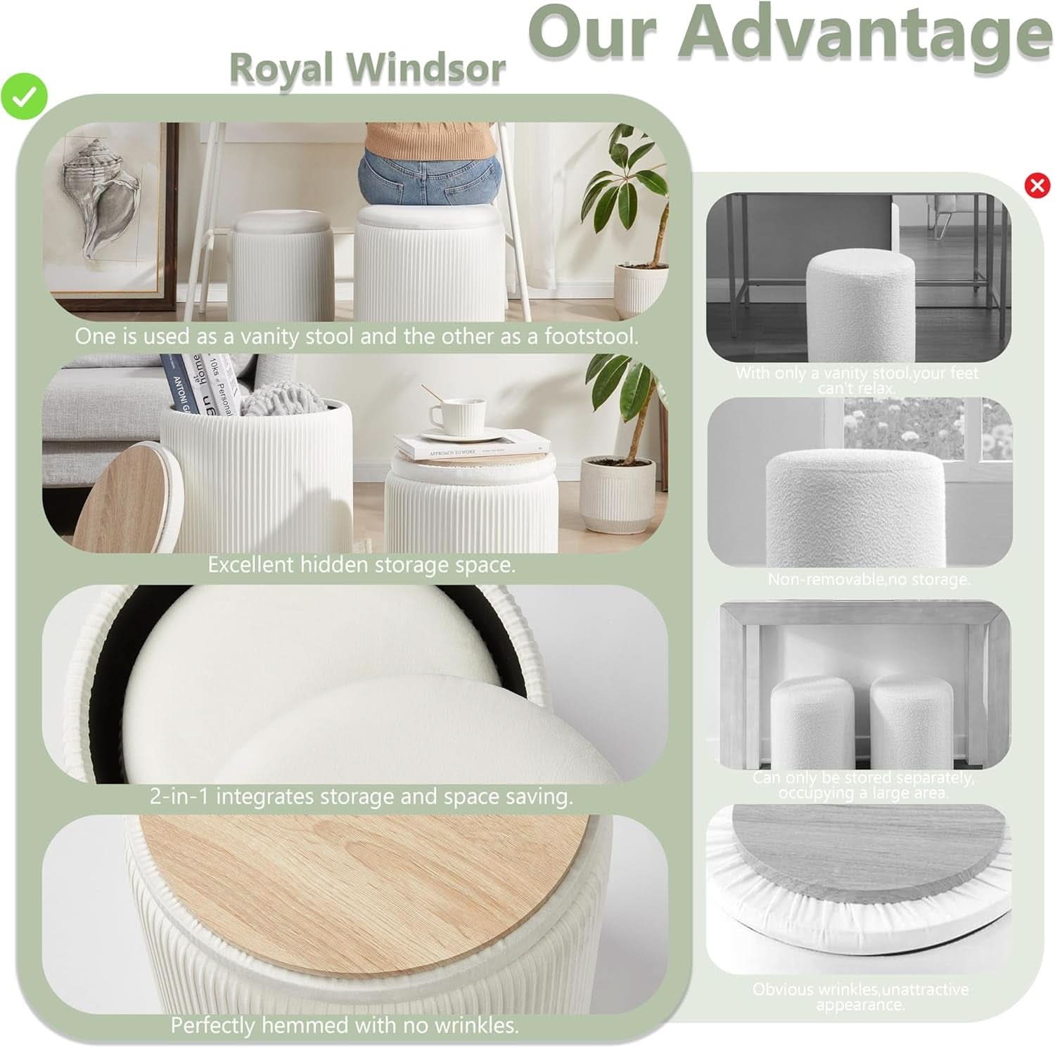 Compact Round Velvet Storage Ottoman TwoPack White