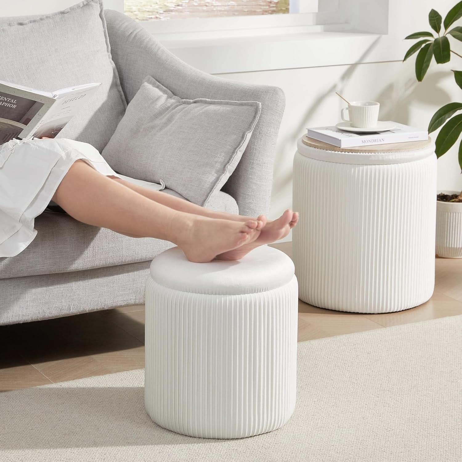 Compact Round Velvet Storage Ottoman TwoPack White