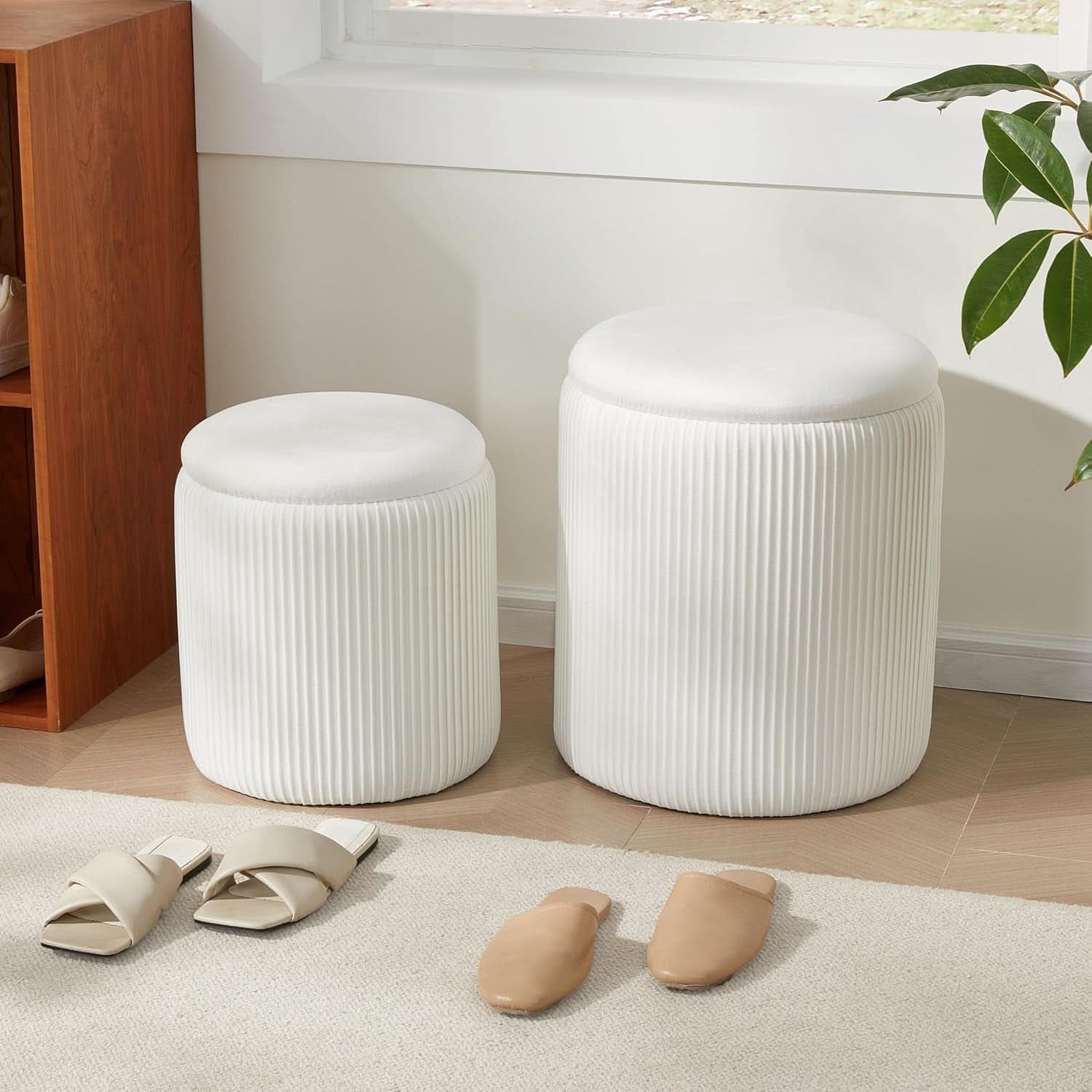 Compact Round Velvet Storage Ottoman TwoPack White