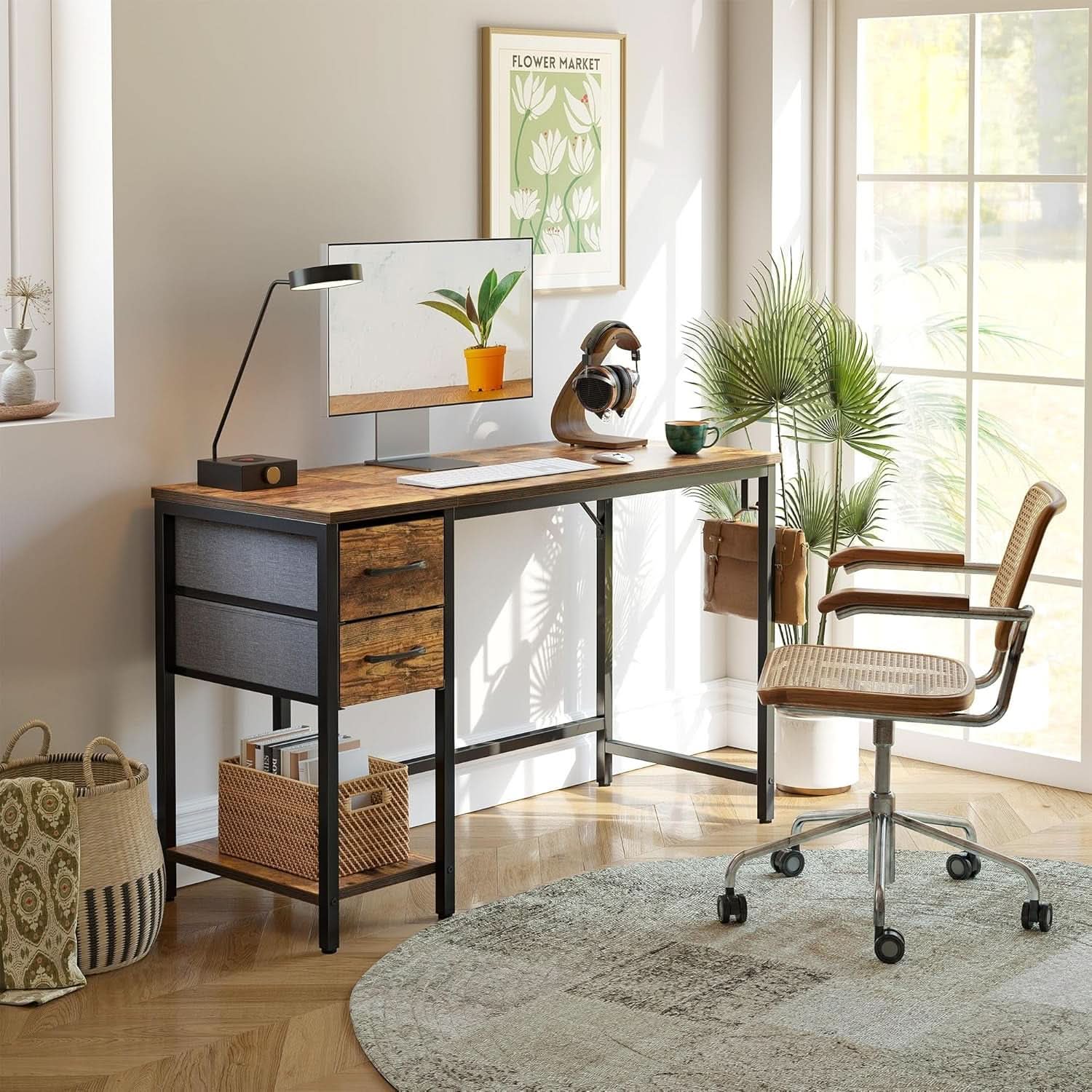 Compact Rustic Brown Computer Desk with Ample Storage