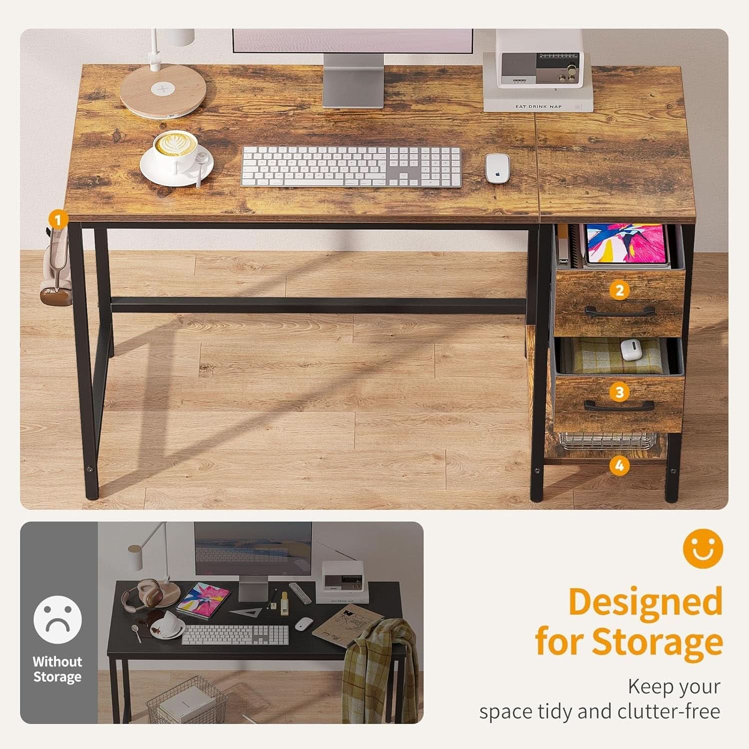 Compact Rustic Brown Computer Desk with Ample Storage