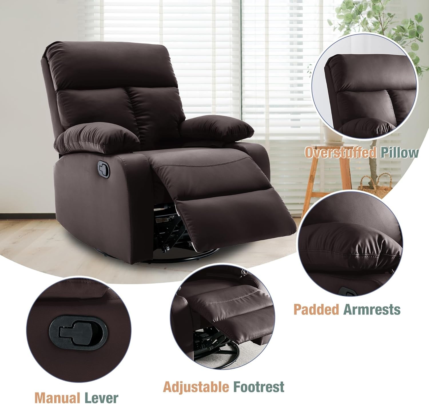 Compact Swivel Rocker Recliner Chair for Small Spaces Brown