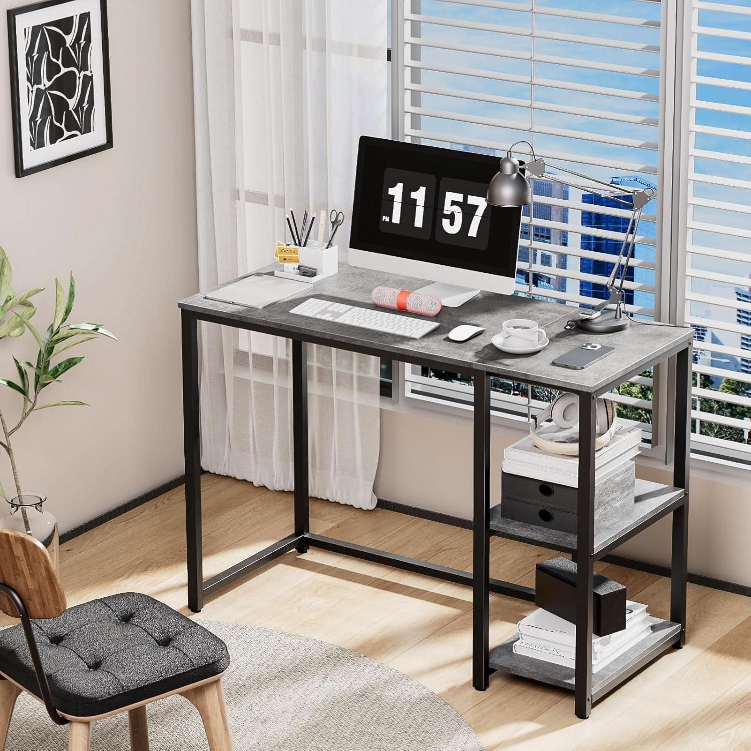 Computer Desk 40 Inch Gray With Durable Storage Shelves