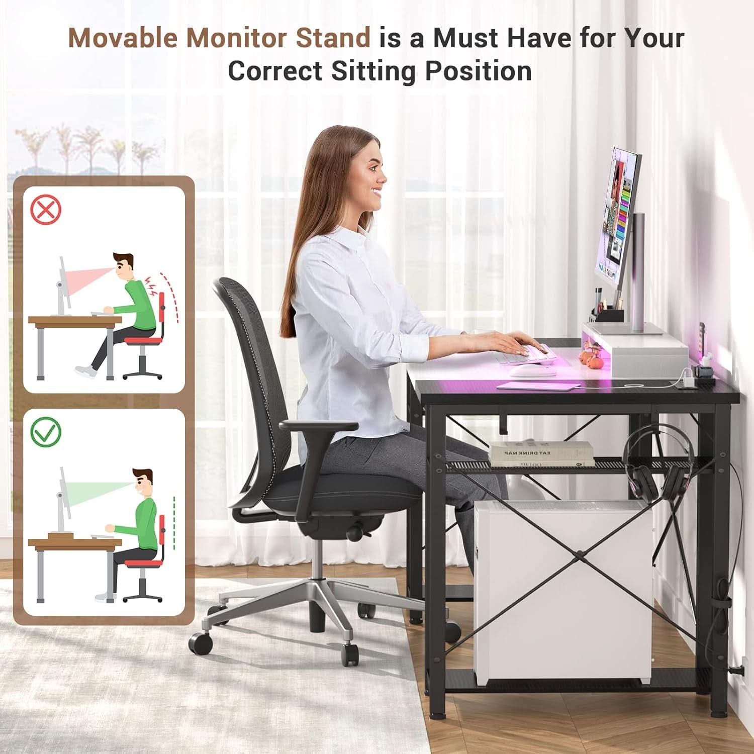 Computer Desk 55 Inch With LED Lights For Home Office