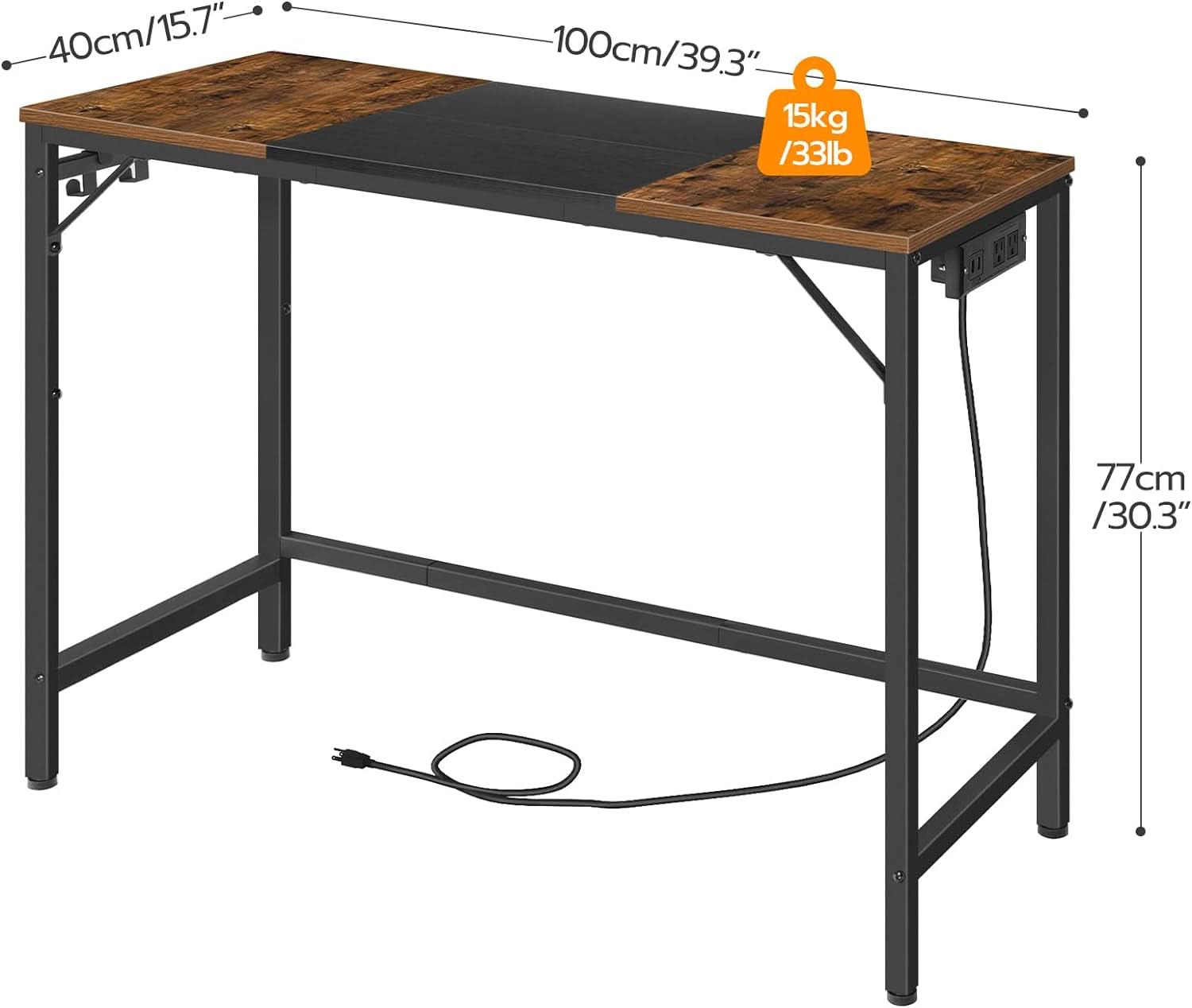 Computer Desk With Power Outlets In Rustic Brown And Black
