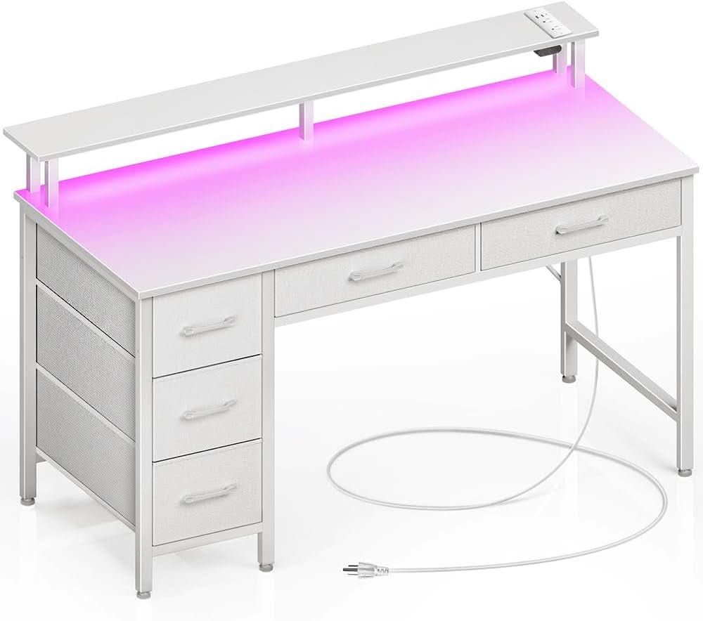 Computer Desk with Power Outlets and LED Light