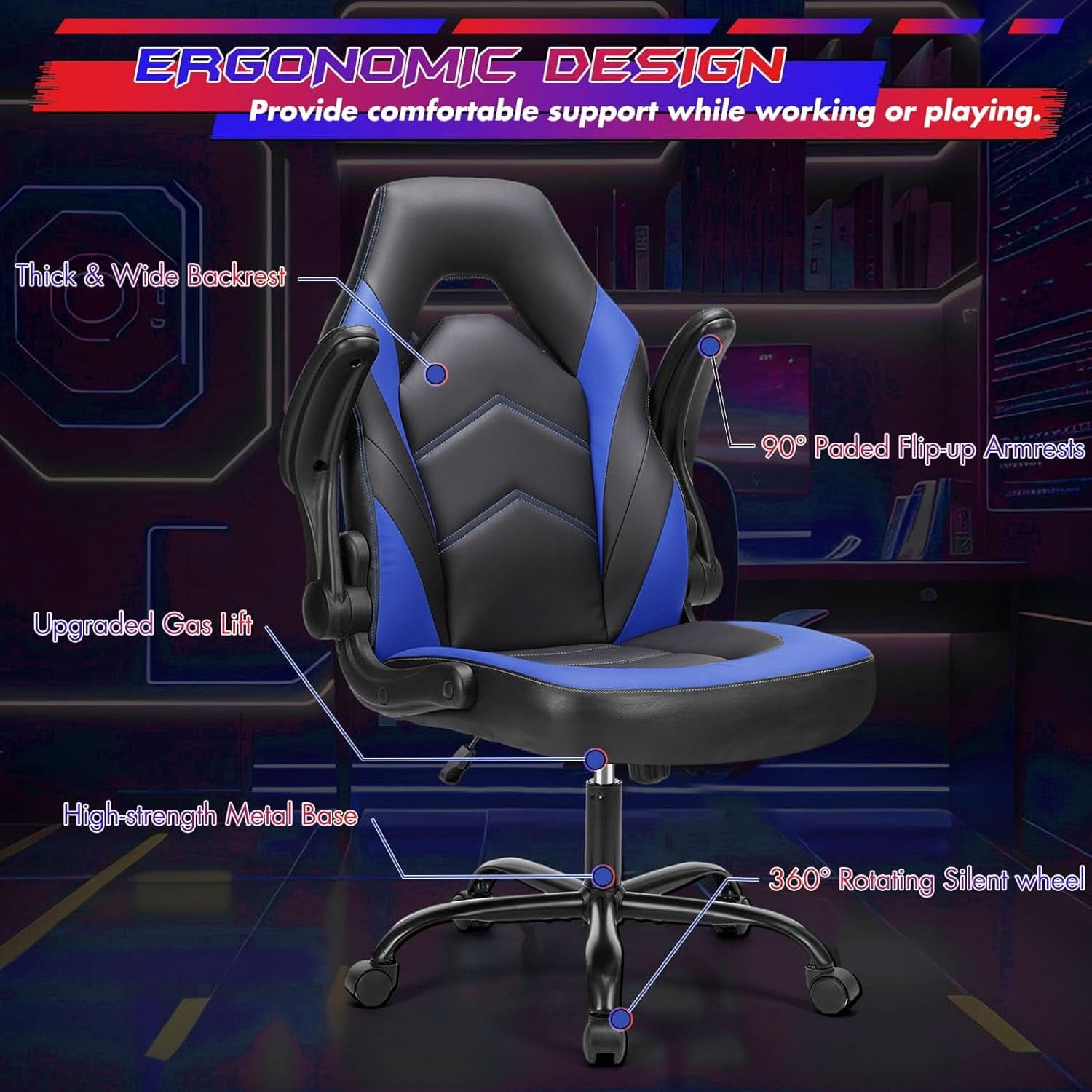 Computer Gaming Desk Chair Ergonomic Adjustable Black Blue