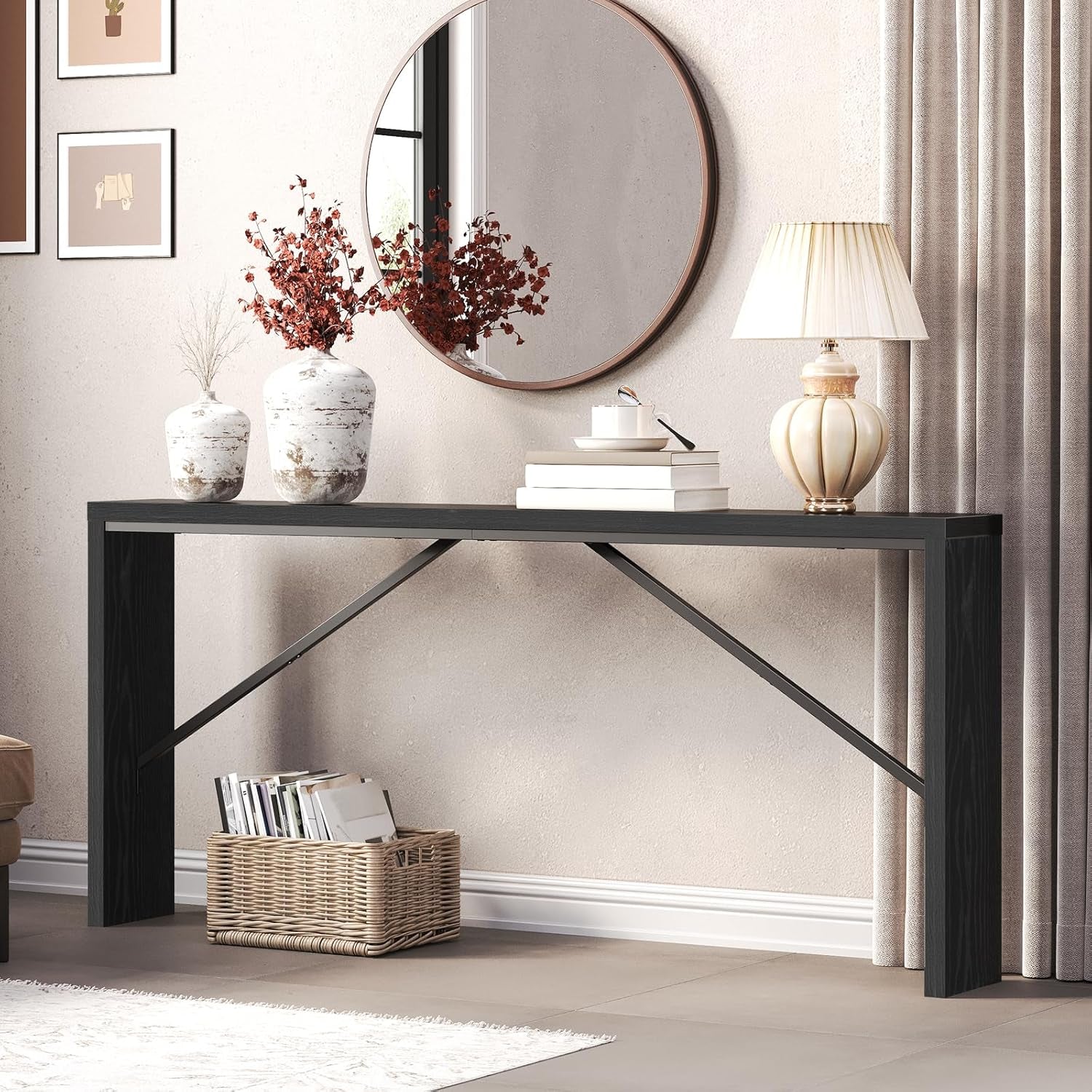 Console Table 70.9 Inch Long Black Industrial Farmhouse