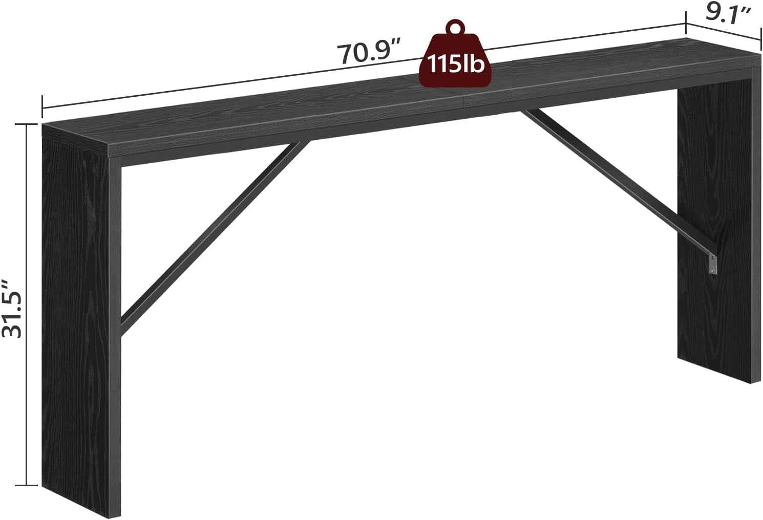 Console Table 70.9 Inch Long Black Industrial Farmhouse