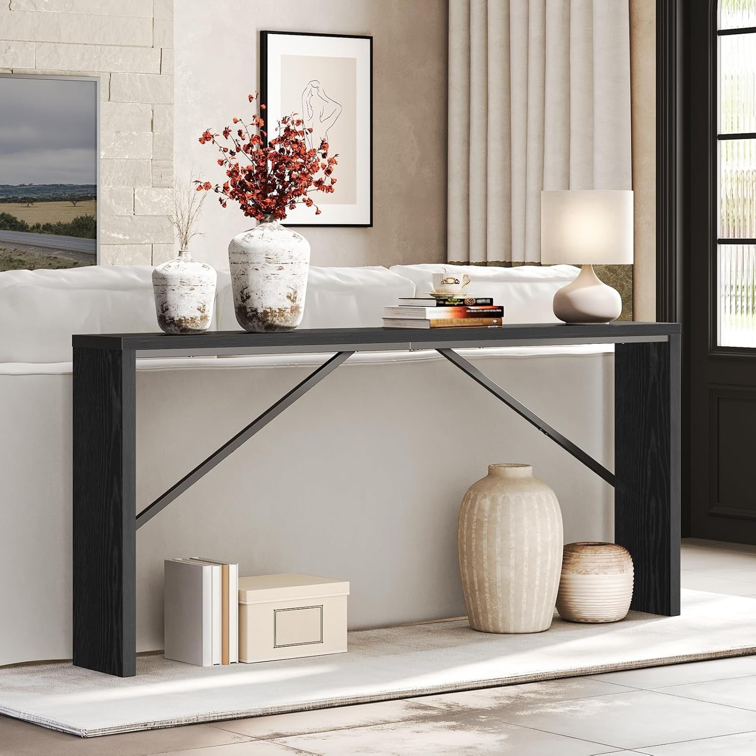 Console Table 70.9 Inch Long Black Industrial Farmhouse