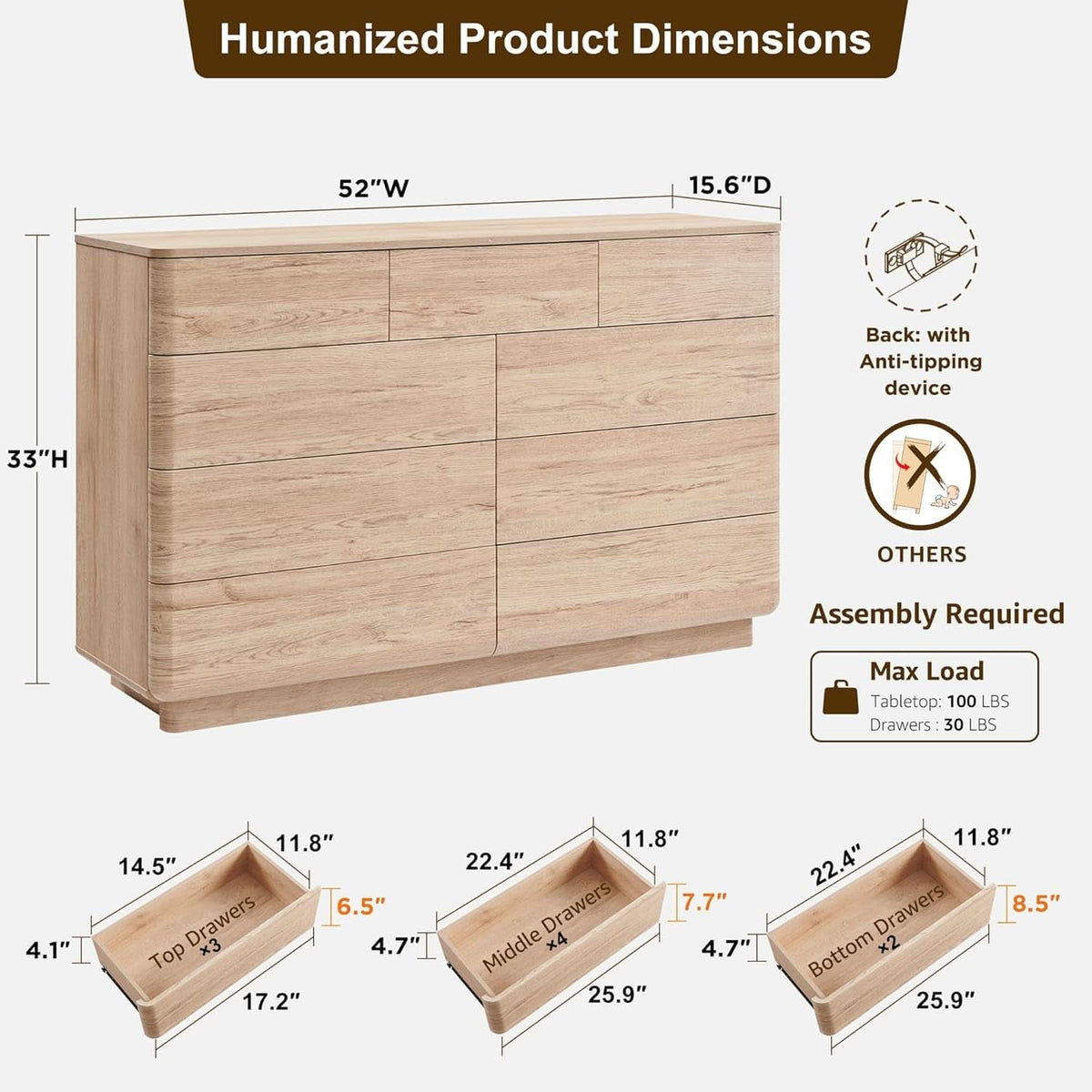 Contemporary 52 Inch Wide Nine Drawer Dresser Oak Finish