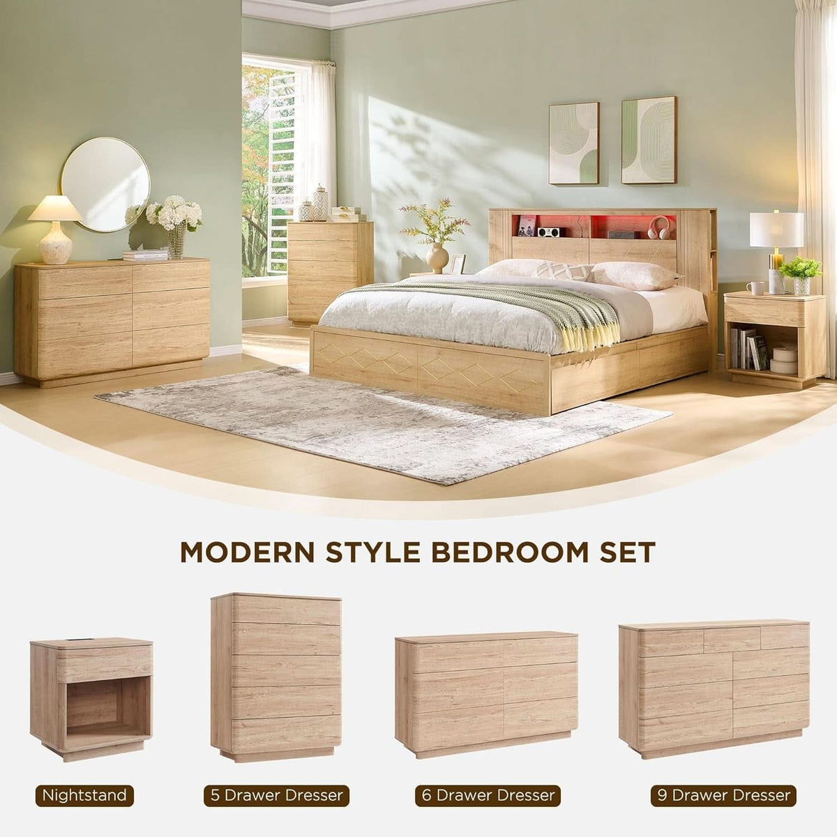 Contemporary 52 Inch Wide Nine Drawer Dresser Oak Finish