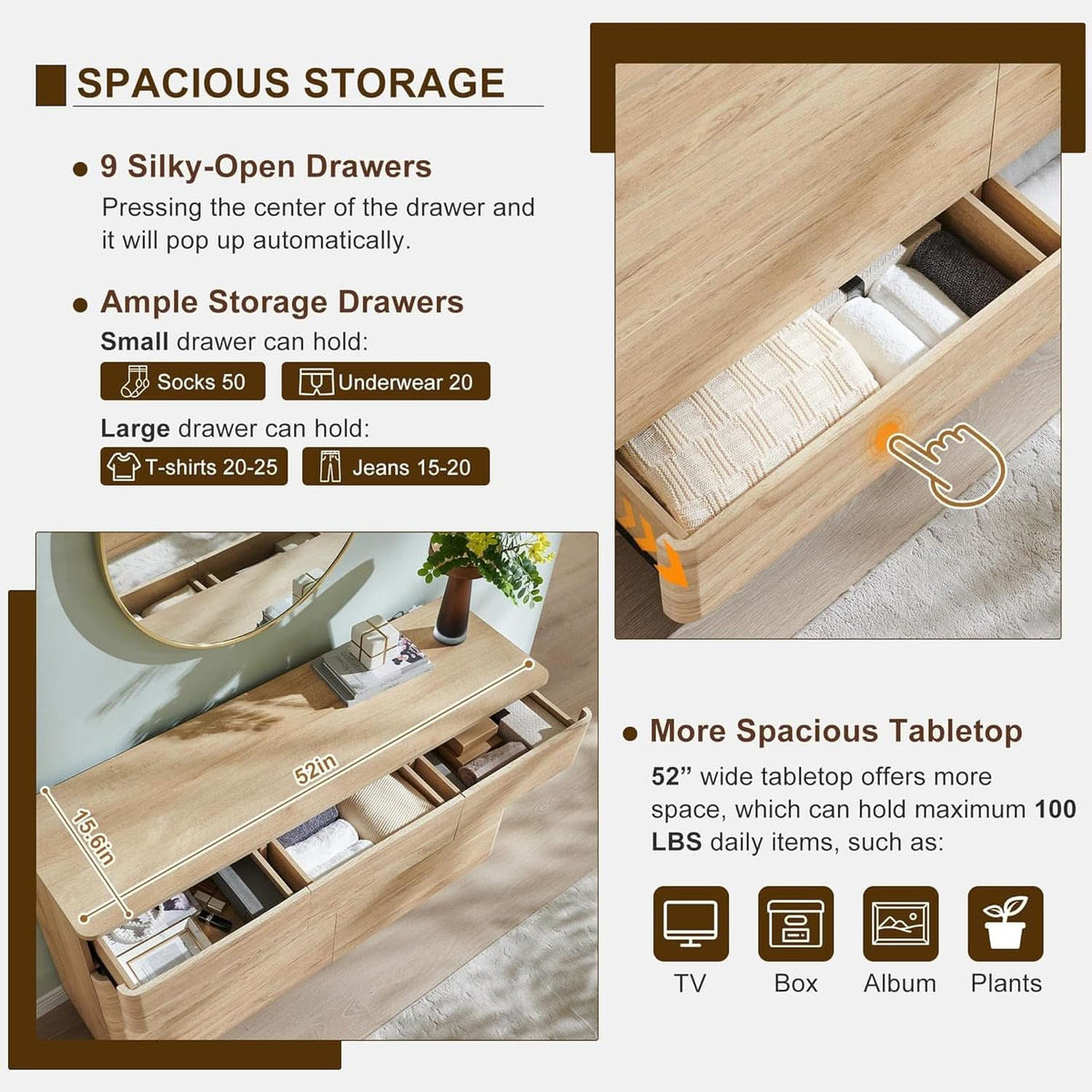 Contemporary 52 Inch Wide Nine Drawer Dresser Oak Finish
