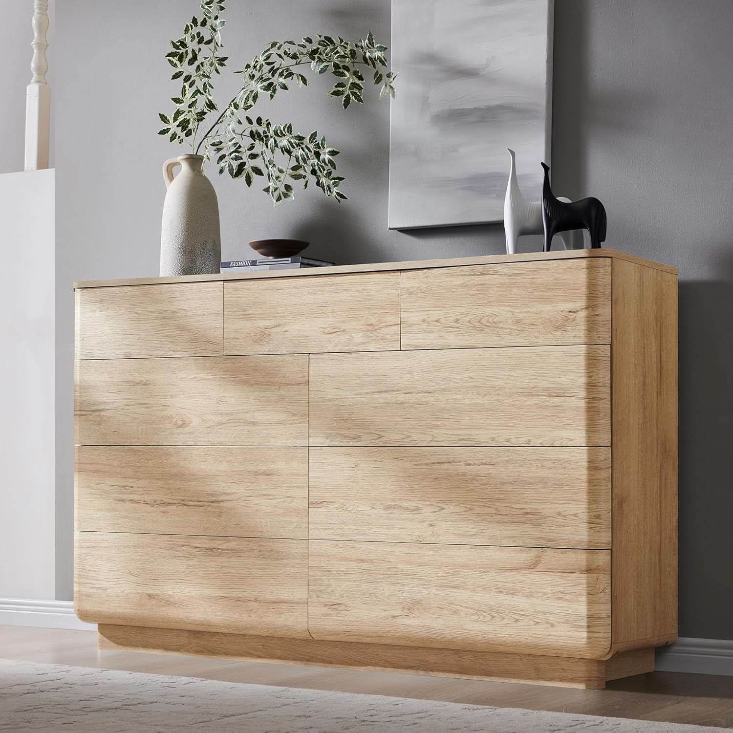 Contemporary 52 Inch Wide Nine Drawer Dresser Oak Finish