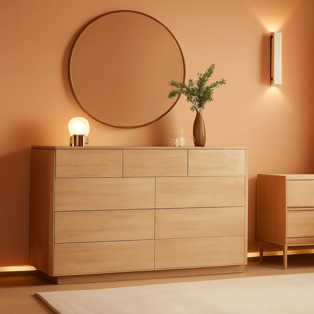 Contemporary 52 Inch Wide Nine Drawer Dresser Oak Finish