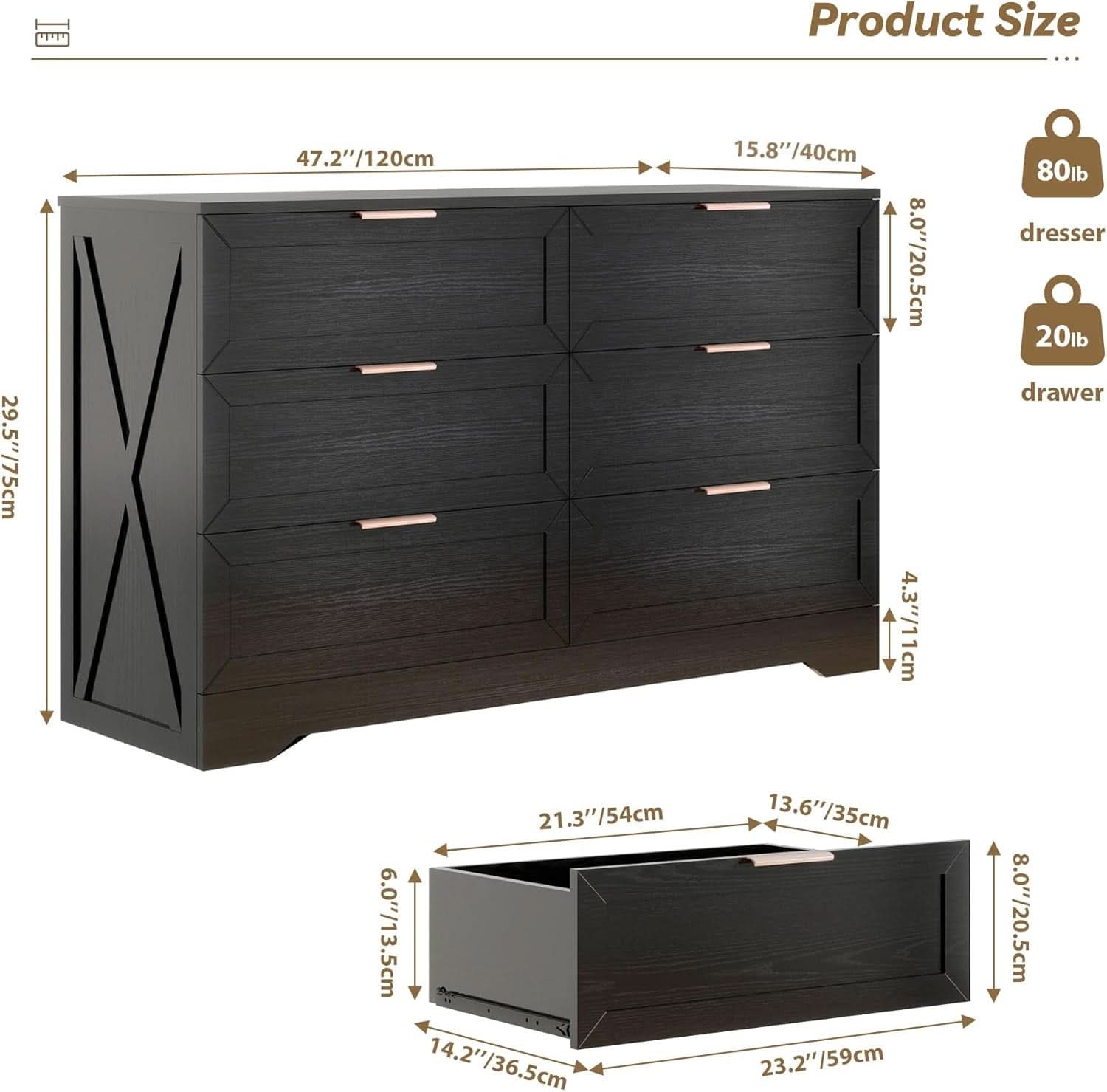 Contemporary Black 6 Drawer Dresser With SoftClosing