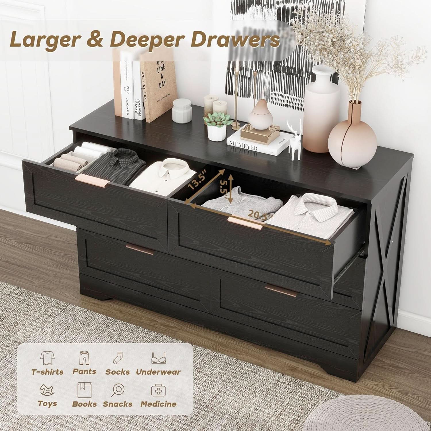 Contemporary Black 6 Drawer Dresser With SoftClosing
