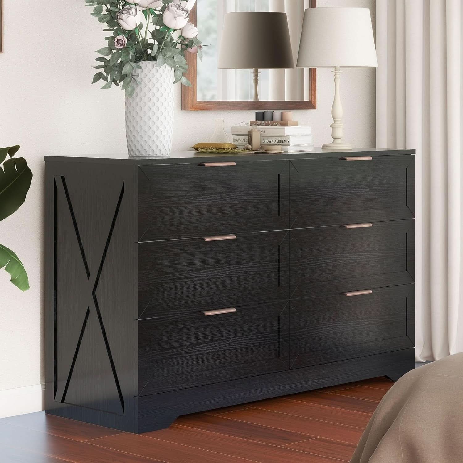 Contemporary Black 6 Drawer Dresser With SoftClosing