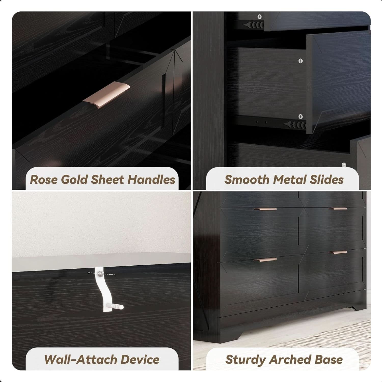 Contemporary Black 6 Drawer Dresser With SoftClosing