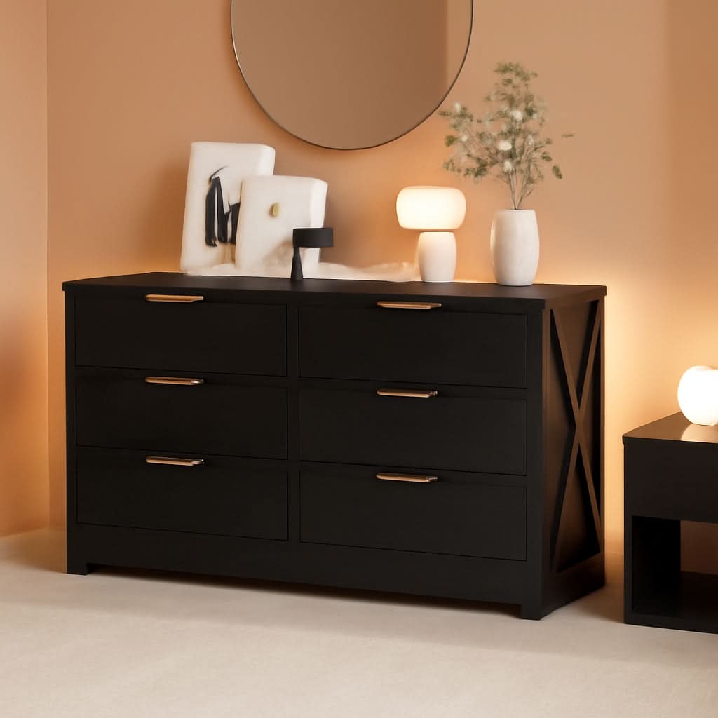 Contemporary Black 6 Drawer Dresser With SoftClosing